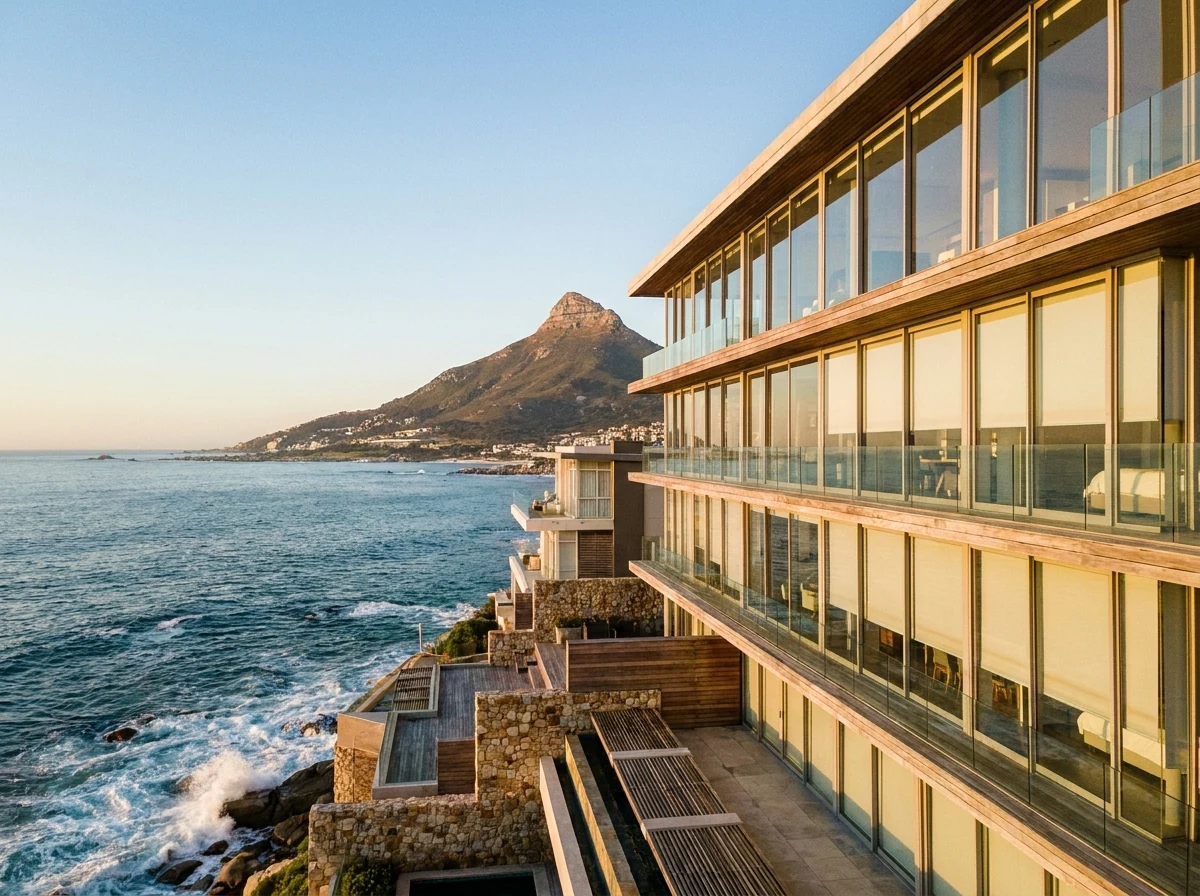 Cliffside apartment building in Bantry Bay, Cape Town, overlooking the Atlantic Ocean at sunset