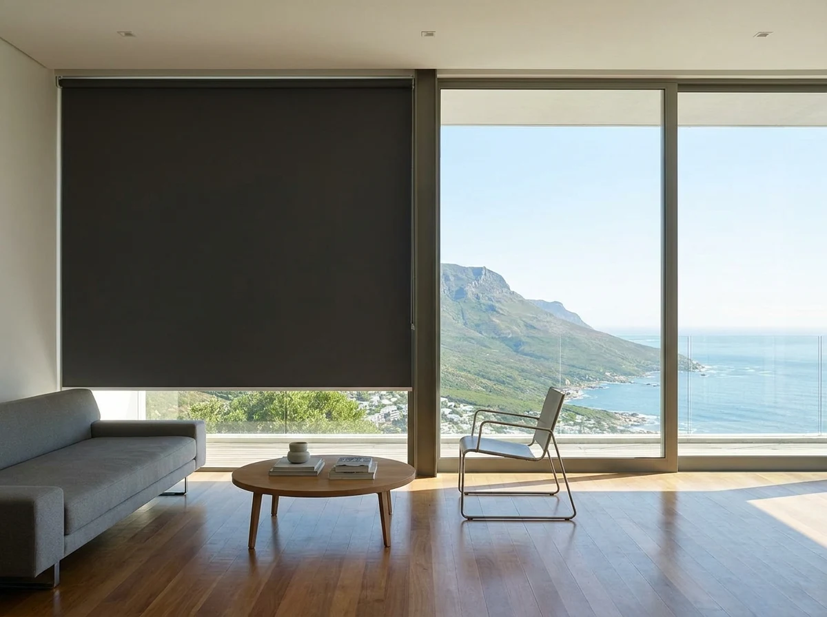 Blockout roller blind lowered across a lounge window in a Fresnaye home, Lion's Head and the coast beyond