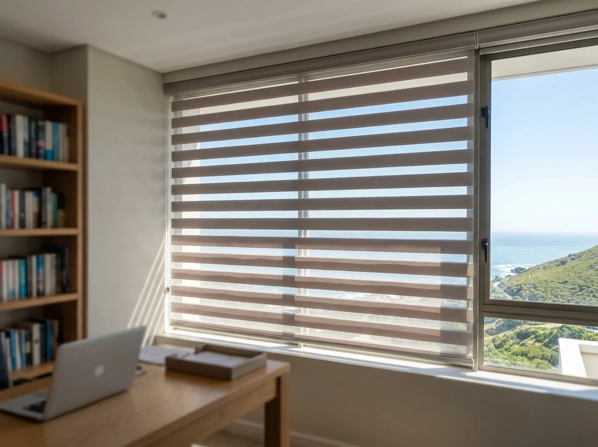 Day/night zebra blind with alternating bands in a Fresnaye study, the coast visible through the slats