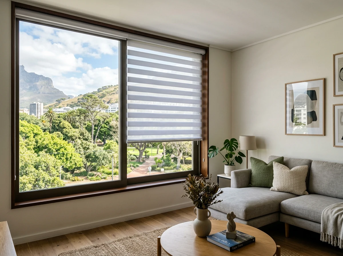 Day/night zebra blind with alternating sheer and solid bands in a Green Point lounge overlooking the park