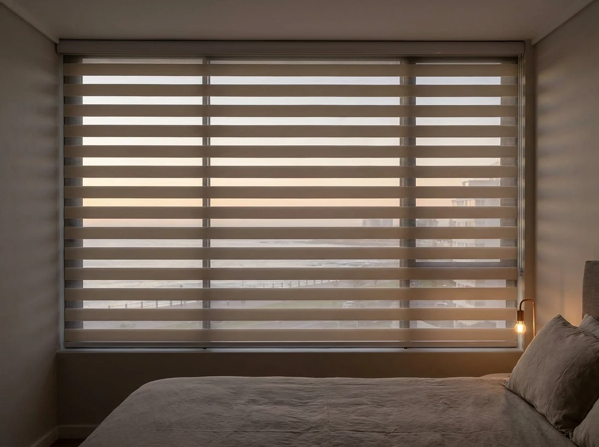 Day/night zebra blind with alternating bands in a Sea Point bedroom at dusk, the promenade lights below