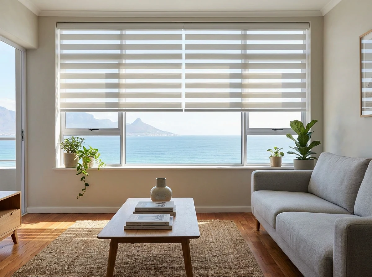 Bright apartment living room in Mouille Point fitted with day-night zebra blinds overlooking Lion's Head and the Atlantic