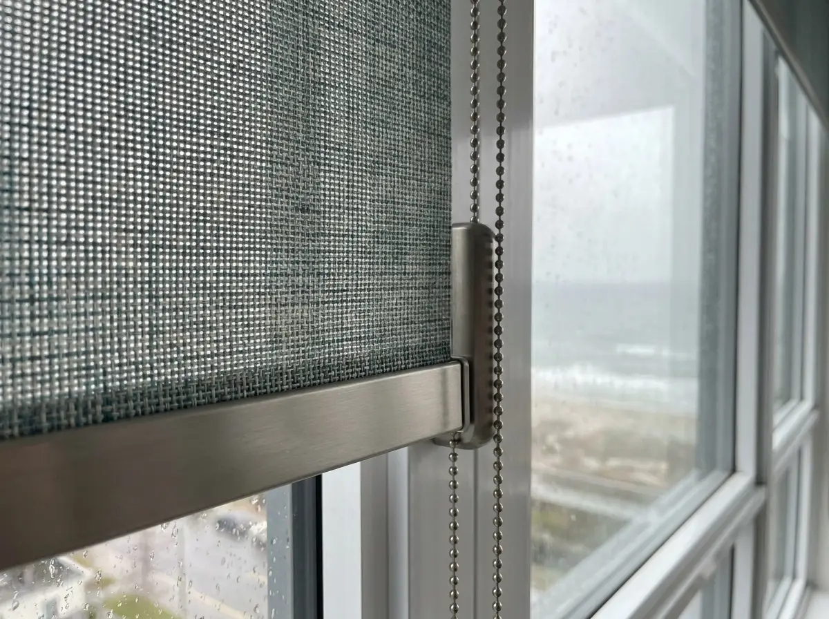 Close-up detail of blind fabric and headrail finish in a Mouille Point apartment