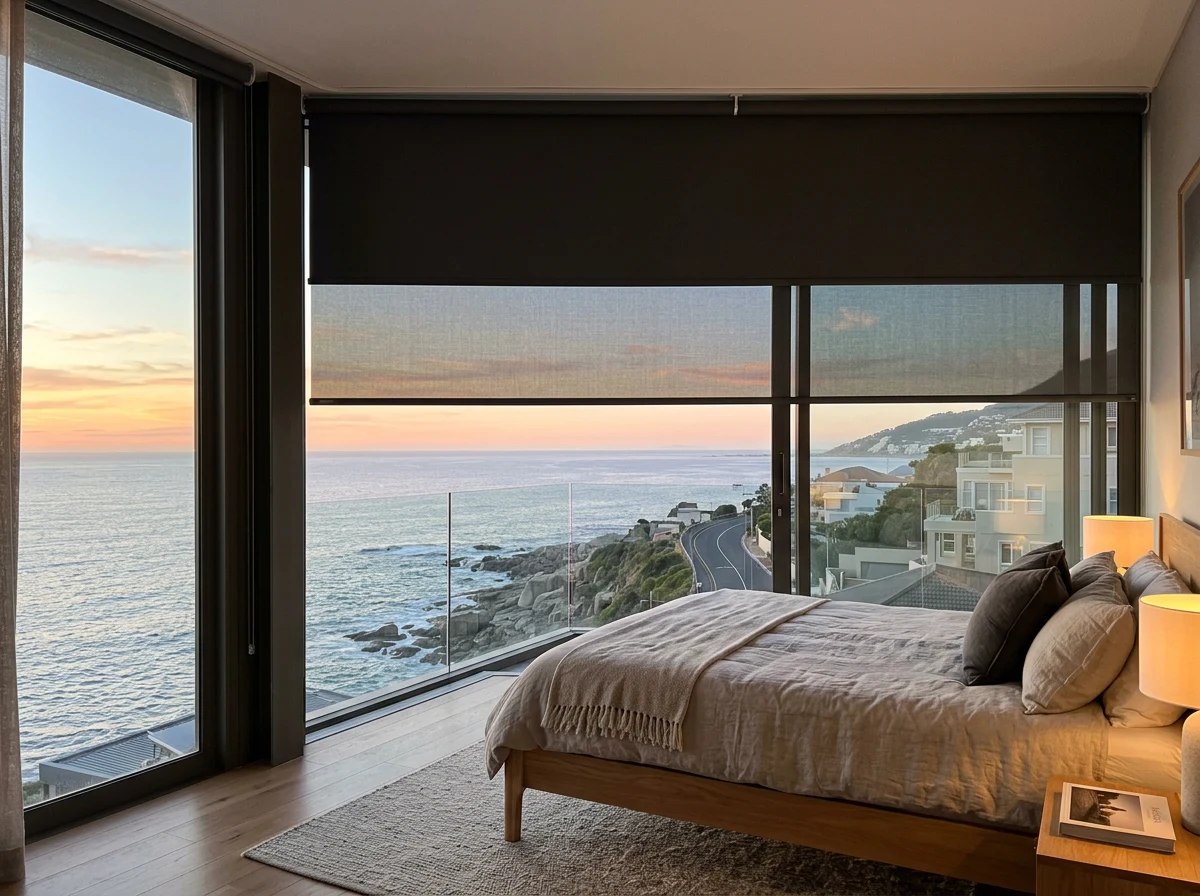 Blockout and sunscreen double roller blind fitted to a Bantry Bay bedroom window at sunset