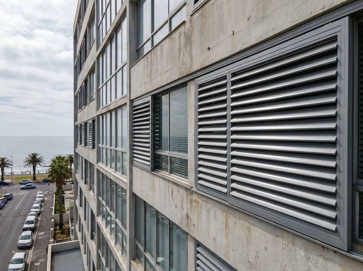 External aluminium venetian blinds shading windows on a Sea Point apartment facade above the promenade