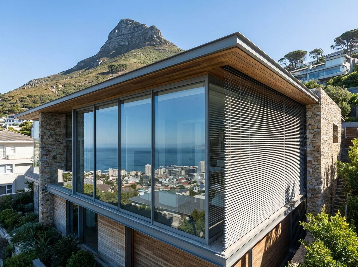 Glass-fronted home on the Fresnaye slope of Lion's Head with external venetian blinds shading the view