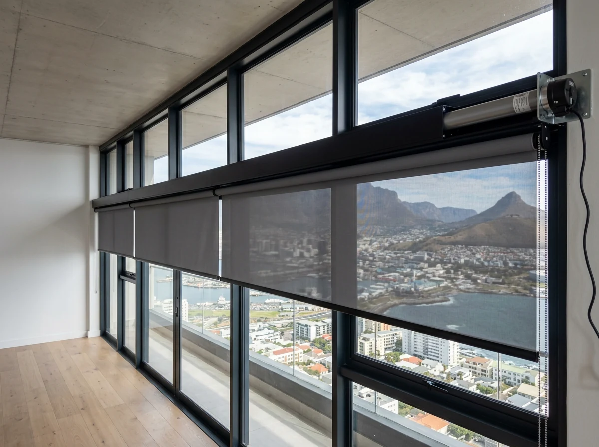 Motorised roller blinds along a floor-to-ceiling glass wall in a Green Point apartment, tubular motor at the head rail