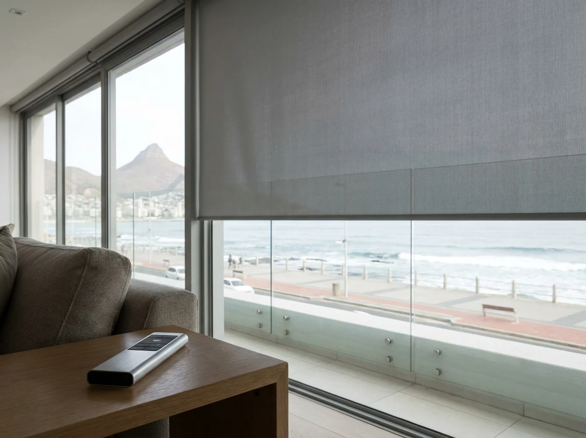 Handheld remote on a side table in a Sea Point lounge, motorised sunscreen roller blind lowered over the beachfront glass behind it