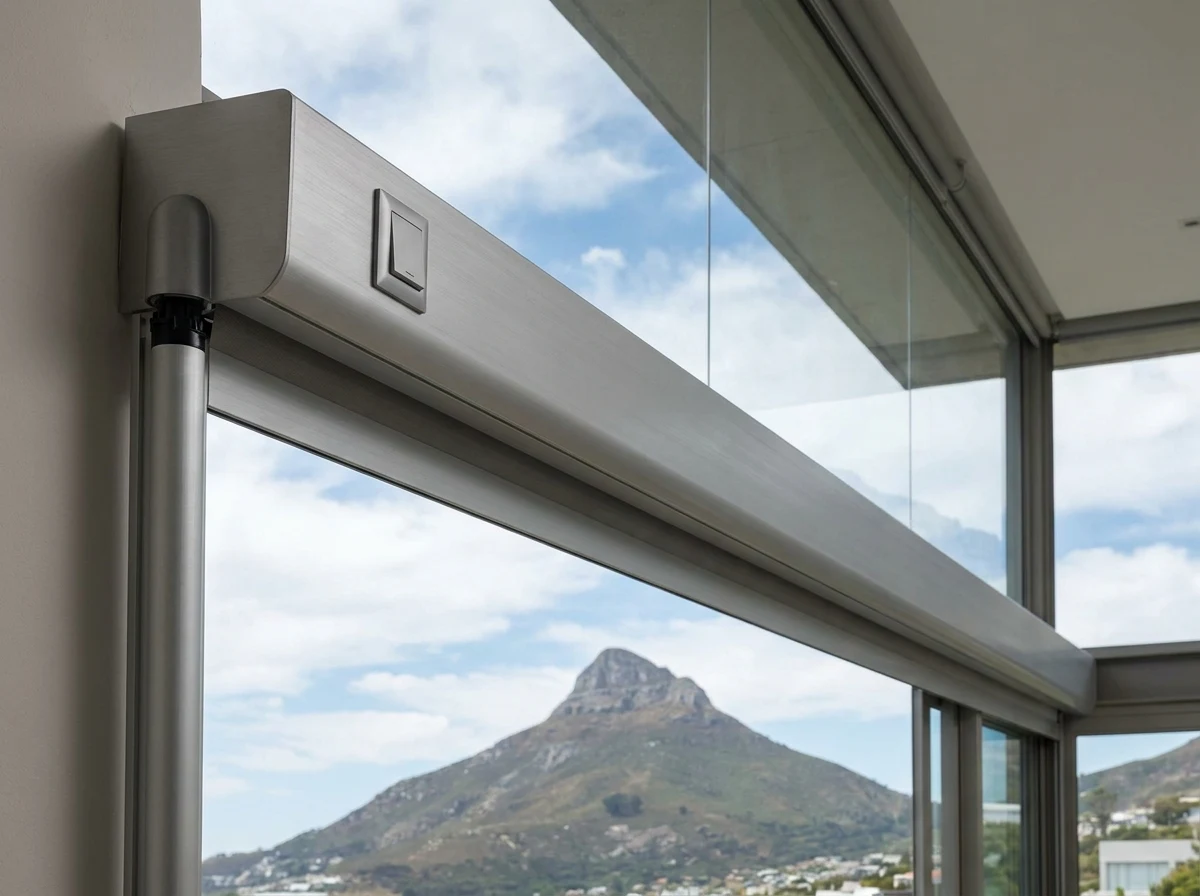 Motorised roller blind wall switch and tube fitted beside a Fresnaye glass wall, Lion's Head beyond