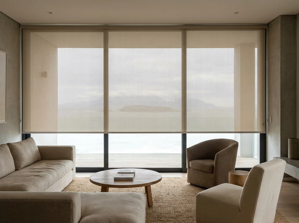 Sea-facing apartment lounge in Mouille Point, Cape Town with sunscreen roller blinds framing an ocean view