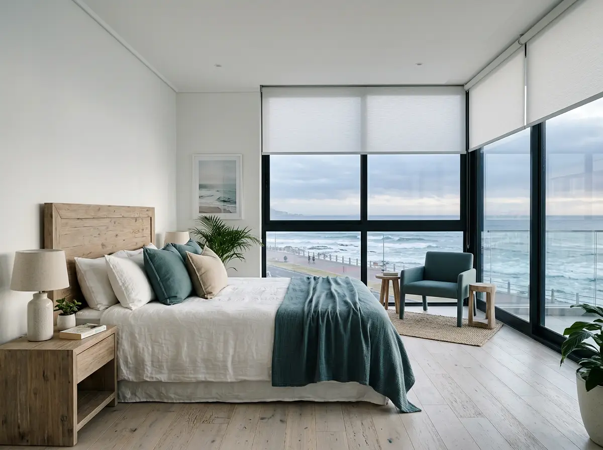 Bright open-plan bedroom in a Mouille Point apartment fitted with sheer roller blinds