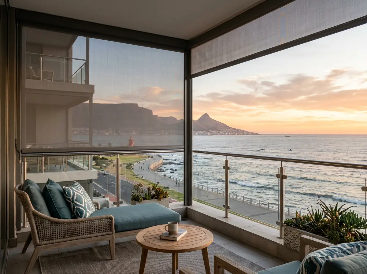 Coastal apartment lounge in Mouille Point with fold-arm awning on the balcony