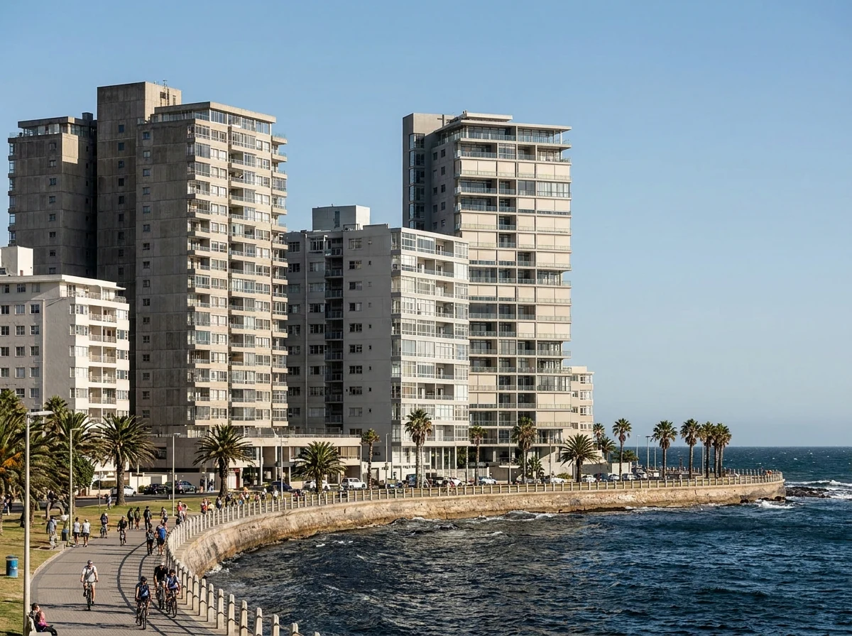 High-rise apartment blocks along the Sea Point promenade, Cape Town, with the Atlantic Ocean beyond