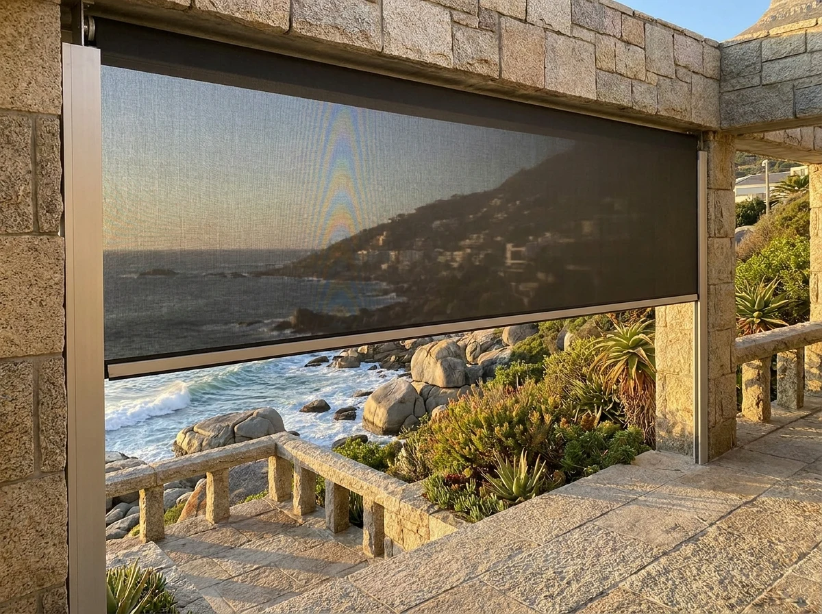 Zip screen lowered across a stone-pillared terrace in Bantry Bay at sunset, the rocky shoreline below