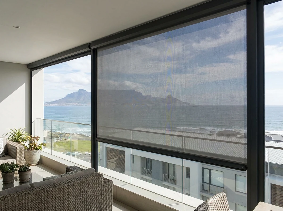 Zip screen lowered across a Mouille Point balcony, the Green Point Lighthouse and promenade beyond in blustery weather