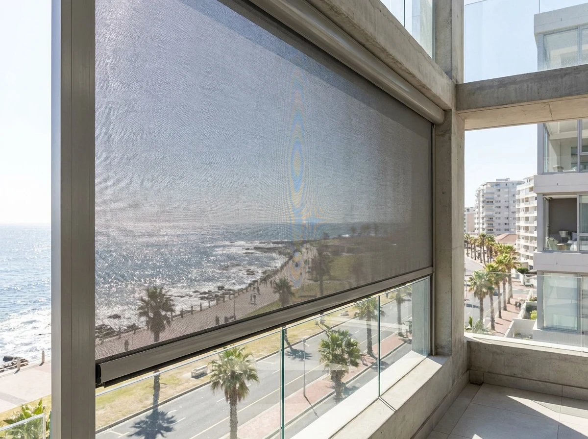 Zip screen lowered on a high-rise balcony above the Sea Point promenade, palm-lined walkway below