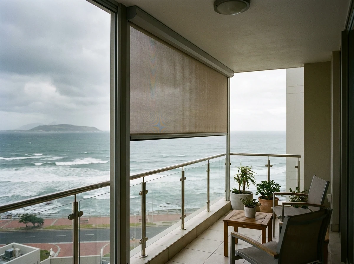 Apartment balcony in Mouille Point enclosed with a wind-rated zip screen overlooking Table Bay